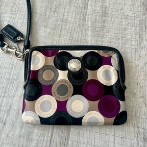 Coach Op Art Purple Satin Leather Trim Wristlet Wallet Card Holder